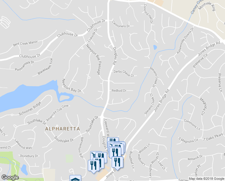 map of restaurants, bars, coffee shops, grocery stores, and more near 1325 Redbud Drive in Alpharetta