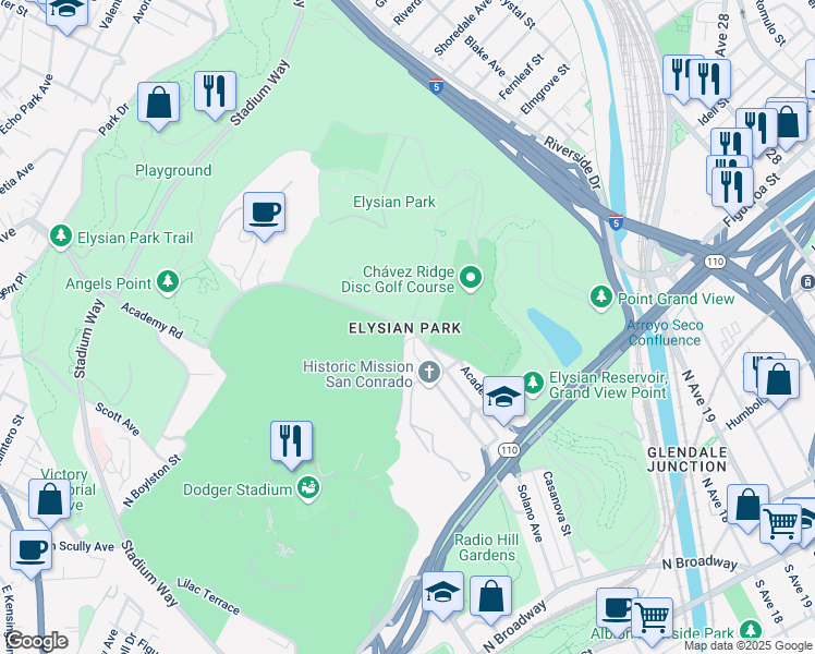 map of restaurants, bars, coffee shops, grocery stores, and more near Solano Canyon Dr & Academy Rd in Los Angeles