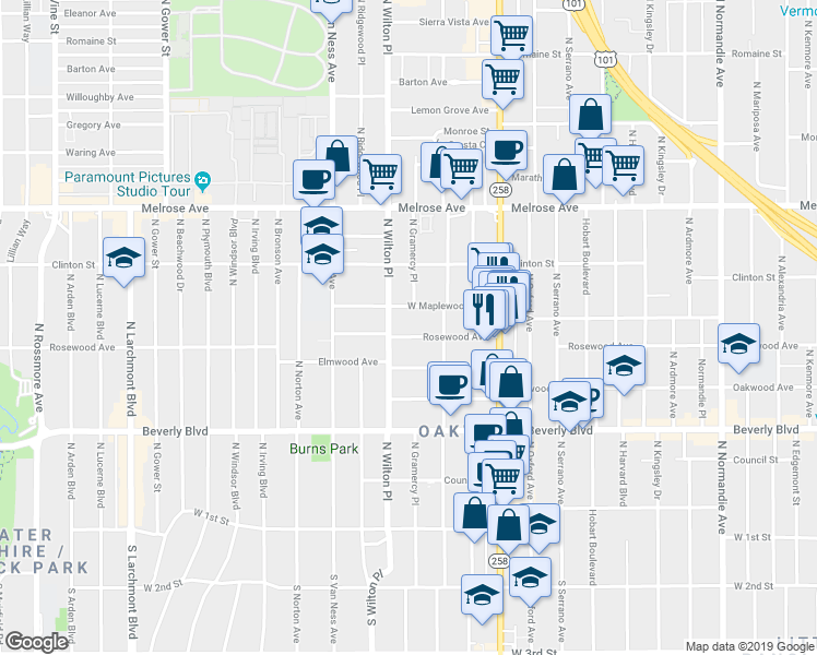 map of restaurants, bars, coffee shops, grocery stores, and more near 5030 West Maplewood Avenue in Los Angeles