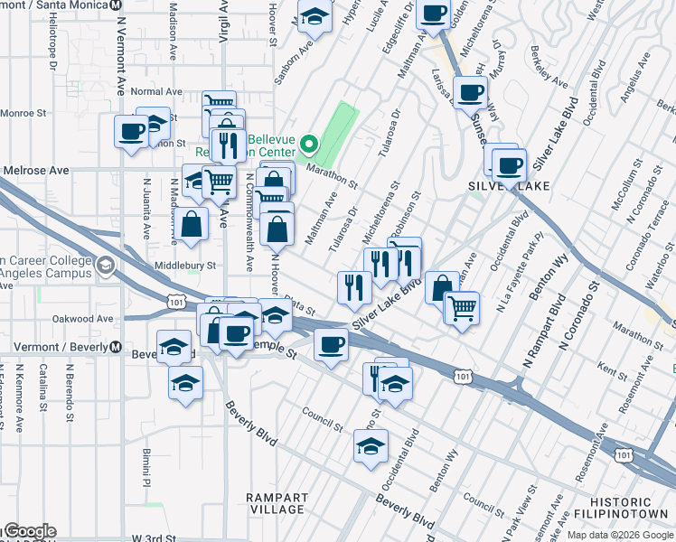 map of restaurants, bars, coffee shops, grocery stores, and more near 3415 Bellevue Avenue in Los Angeles