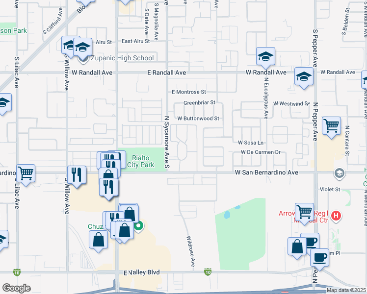 map of restaurants, bars, coffee shops, grocery stores, and more near 2069 San Bernardino Avenue in Colton