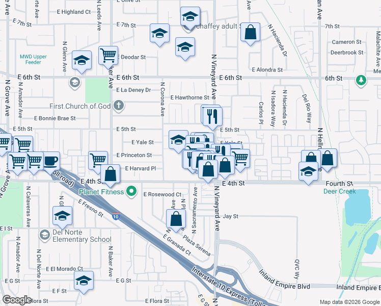 map of restaurants, bars, coffee shops, grocery stores, and more near 1821 East Princeton Street in Ontario