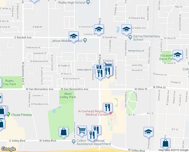 map of restaurants, bars, coffee shops, grocery stores, and more near 1641 Bent Rail Circle in Colton