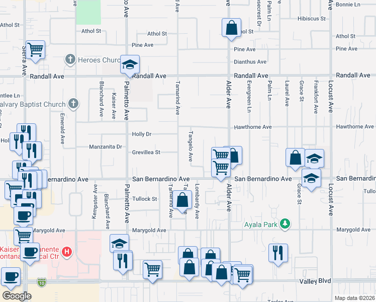 map of restaurants, bars, coffee shops, grocery stores, and more near 9574 Tangelo Avenue in Fontana