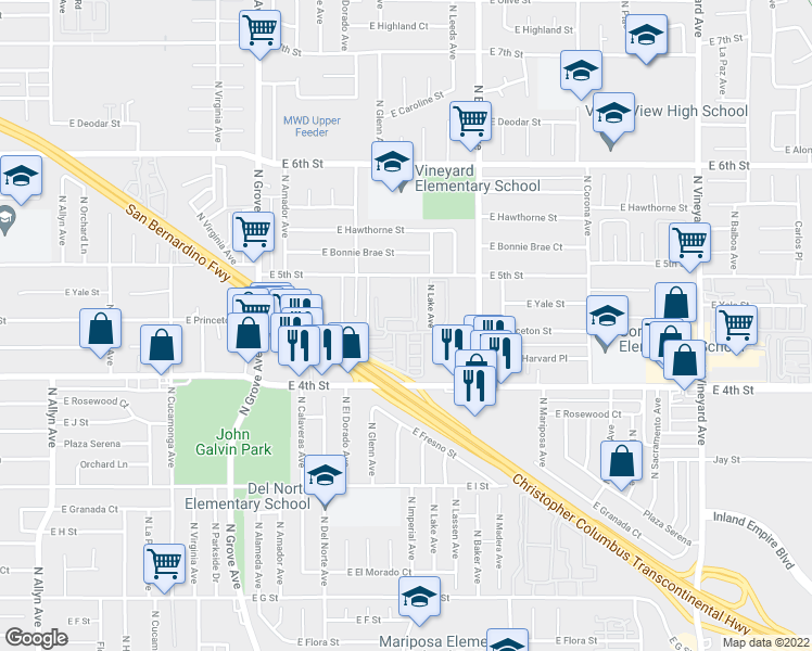 map of restaurants, bars, coffee shops, grocery stores, and more near North Lake Avenue in Ontario