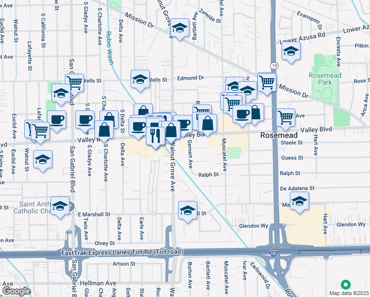 map of restaurants, bars, coffee shops, grocery stores, and more near in Rosemead