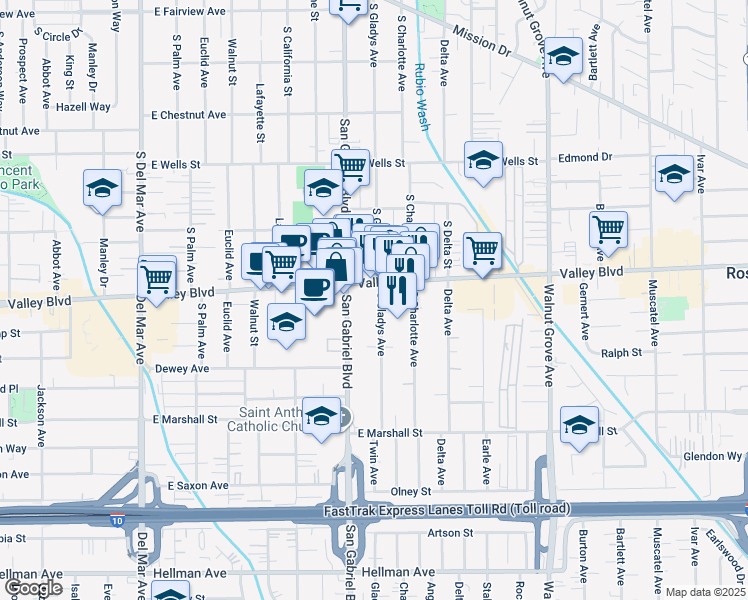 map of restaurants, bars, coffee shops, grocery stores, and more near 1602 South Gladys Avenue in San Gabriel