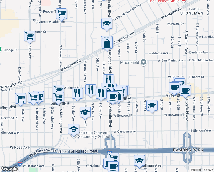 map of restaurants, bars, coffee shops, grocery stores, and more near 1103 South Olive Avenue in Alhambra