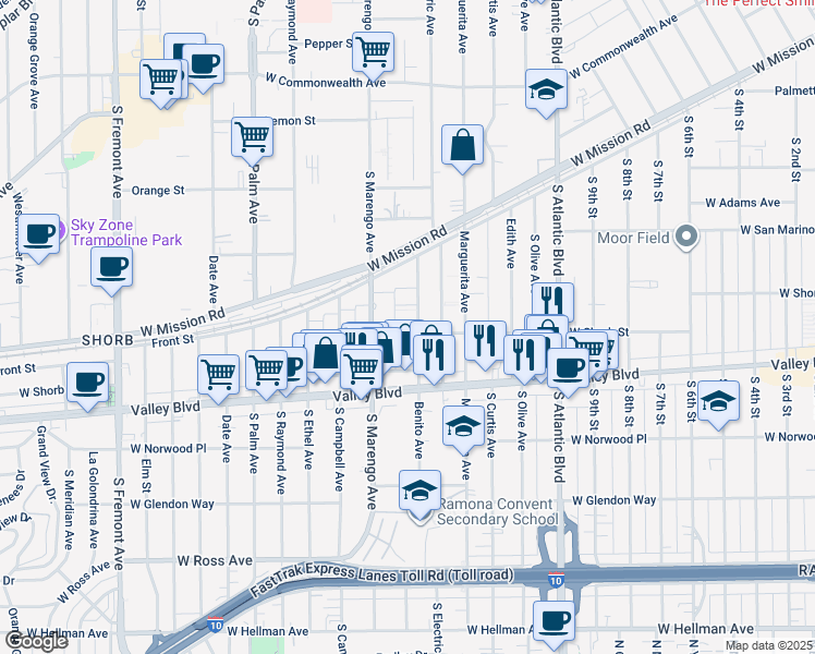 map of restaurants, bars, coffee shops, grocery stores, and more near 1102 Benito Avenue in Alhambra
