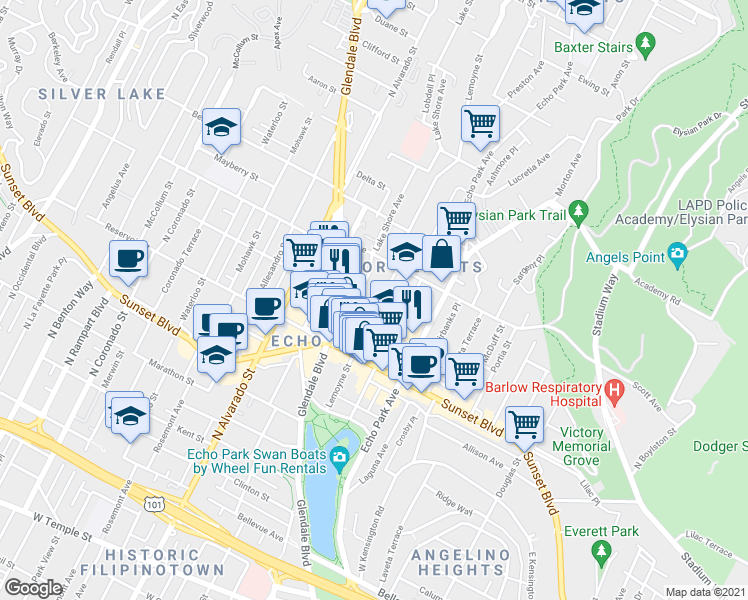 map of restaurants, bars, coffee shops, grocery stores, and more near in Los Angeles