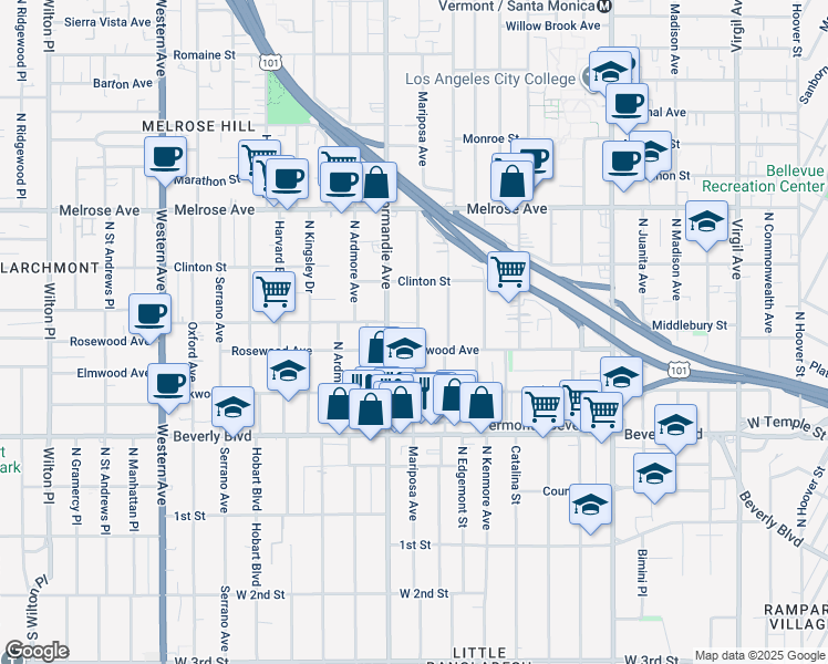 map of restaurants, bars, coffee shops, grocery stores, and more near 532 North Mariposa Avenue in Los Angeles