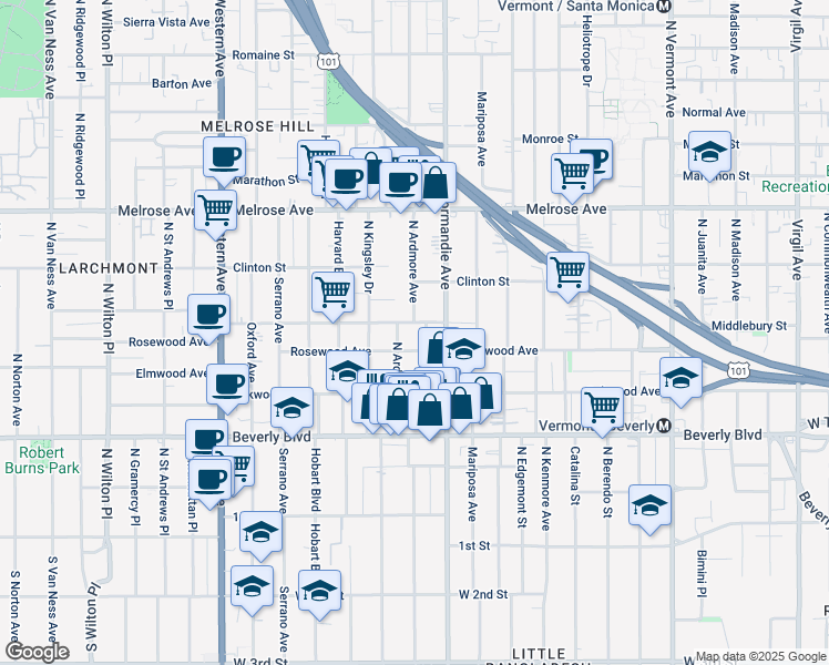 map of restaurants, bars, coffee shops, grocery stores, and more near 503 North Ardmore Avenue in Los Angeles