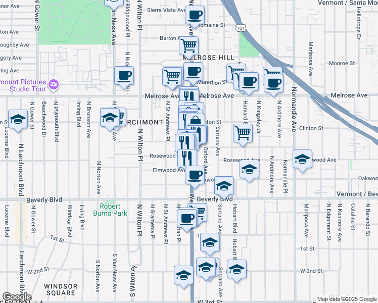 map of restaurants, bars, coffee shops, grocery stores, and more near 4914 West Maplewood Avenue in Los Angeles
