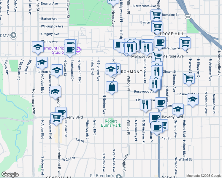 map of restaurants, bars, coffee shops, grocery stores, and more near in Los Angeles