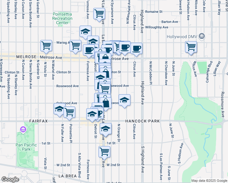 map of restaurants, bars, coffee shops, grocery stores, and more near 450 North Sycamore Avenue in Los Angeles