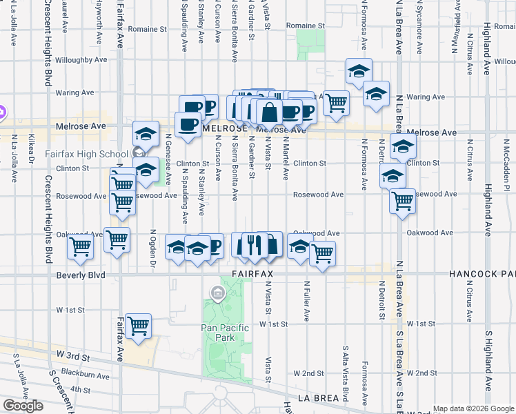 map of restaurants, bars, coffee shops, grocery stores, and more near 466 1/2 North Gardner Street in Los Angeles
