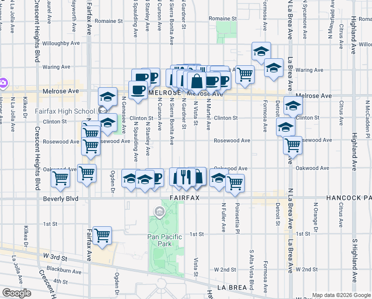 map of restaurants, bars, coffee shops, grocery stores, and more near 466 1/2 North Gardner Street in Los Angeles