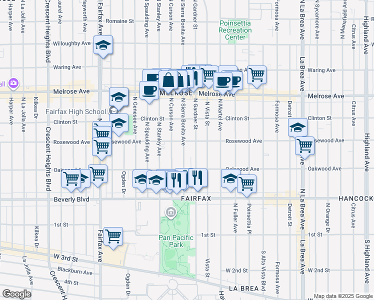 map of restaurants, bars, coffee shops, grocery stores, and more near 465 North Sierra Bonita Avenue in Los Angeles