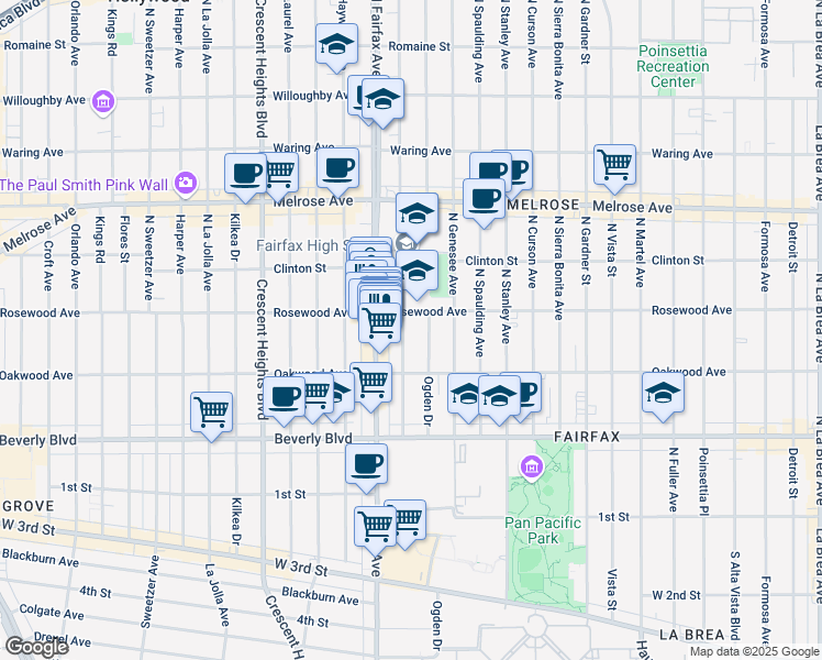 map of restaurants, bars, coffee shops, grocery stores, and more near 467 North Orange Grove Avenue in Los Angeles