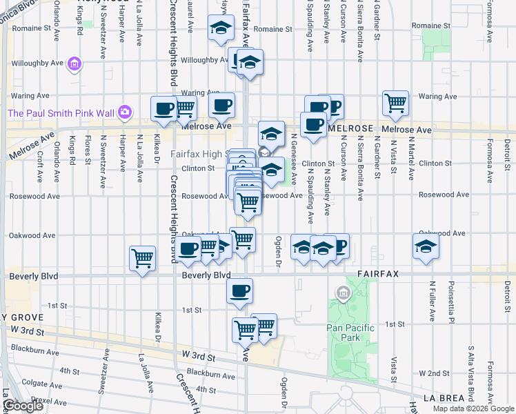 map of restaurants, bars, coffee shops, grocery stores, and more near 451 North Orange Grove Avenue in Los Angeles