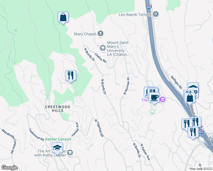 map of restaurants, bars, coffee shops, grocery stores, and more near 1130 North Bundy Drive in Los Angeles