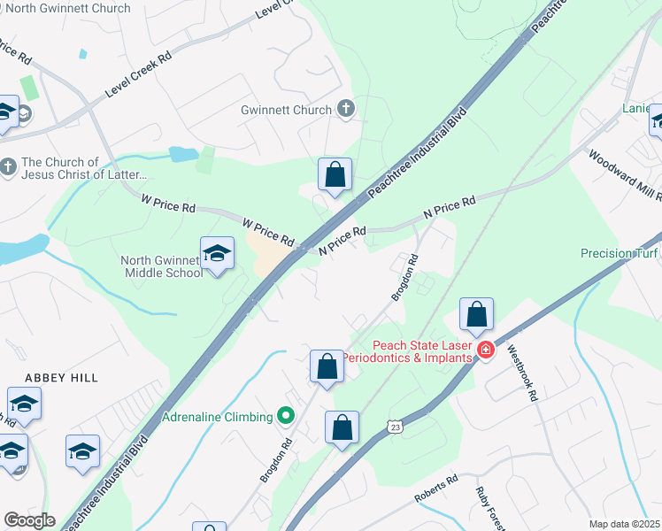 map of restaurants, bars, coffee shops, grocery stores, and more near 249 North Price Road in Sugar Hill