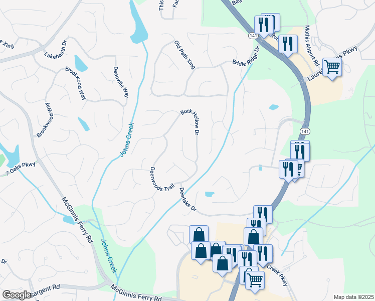 map of restaurants, bars, coffee shops, grocery stores, and more near 6305 Deerwoods Trail in Alpharetta