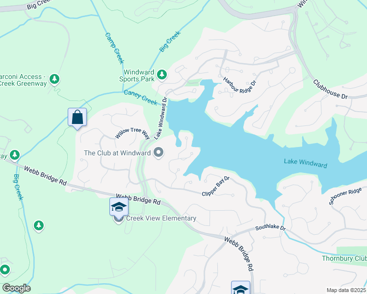 map of restaurants, bars, coffee shops, grocery stores, and more near 6360 Spinnaker Lane in Alpharetta