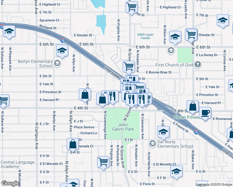 map of restaurants, bars, coffee shops, grocery stores, and more near 1156 North Virginia Avenue in Ontario