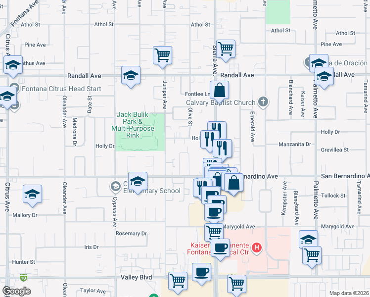 map of restaurants, bars, coffee shops, grocery stores, and more near 16770 San Bernardino Avenue in Fontana