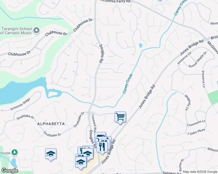 map of restaurants, bars, coffee shops, grocery stores, and more near 1265 Redbud Drive in Alpharetta