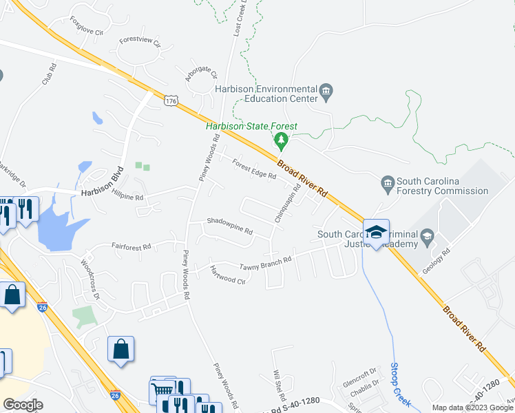 map of restaurants, bars, coffee shops, grocery stores, and more near 160 Chinquapin Circle in Columbia