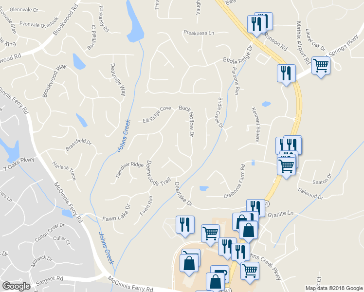 map of restaurants, bars, coffee shops, grocery stores, and more near 6305 Deerwoods Trail in Alpharetta