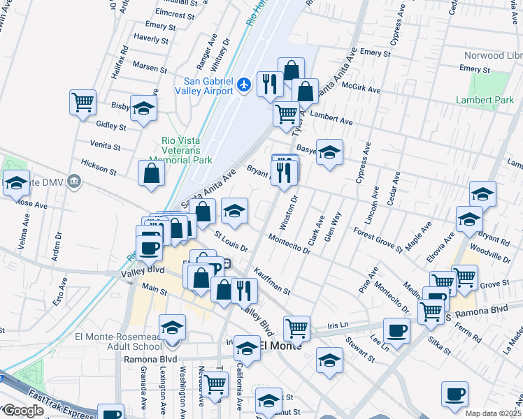map of restaurants, bars, coffee shops, grocery stores, and more near 3903 Tyler Avenue in El Monte