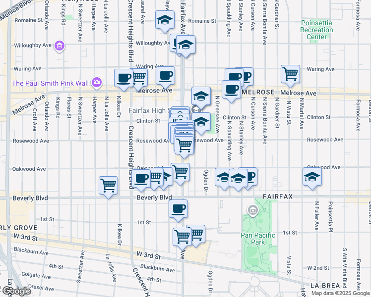 map of restaurants, bars, coffee shops, grocery stores, and more near 467 North Orange Grove Avenue in Los Angeles