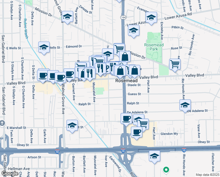 map of restaurants, bars, coffee shops, grocery stores, and more near 8903 Nevada Avenue in Rosemead