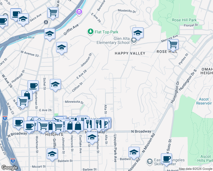 map of restaurants, bars, coffee shops, grocery stores, and more near 2906 Alta Street in Los Angeles
