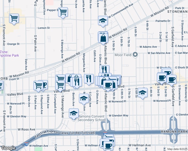map of restaurants, bars, coffee shops, grocery stores, and more near 1201 West Shorb Street in Alhambra