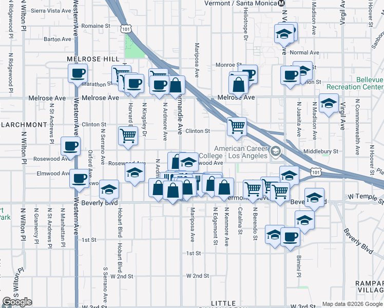 map of restaurants, bars, coffee shops, grocery stores, and more near 532 North Mariposa Avenue in Los Angeles
