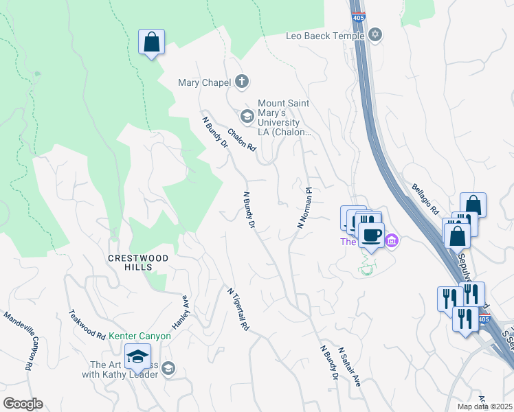 map of restaurants, bars, coffee shops, grocery stores, and more near 1130 North Bundy Drive in Los Angeles