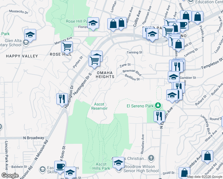 map of restaurants, bars, coffee shops, grocery stores, and more near 4411 Bowman Boulevard in Los Angeles