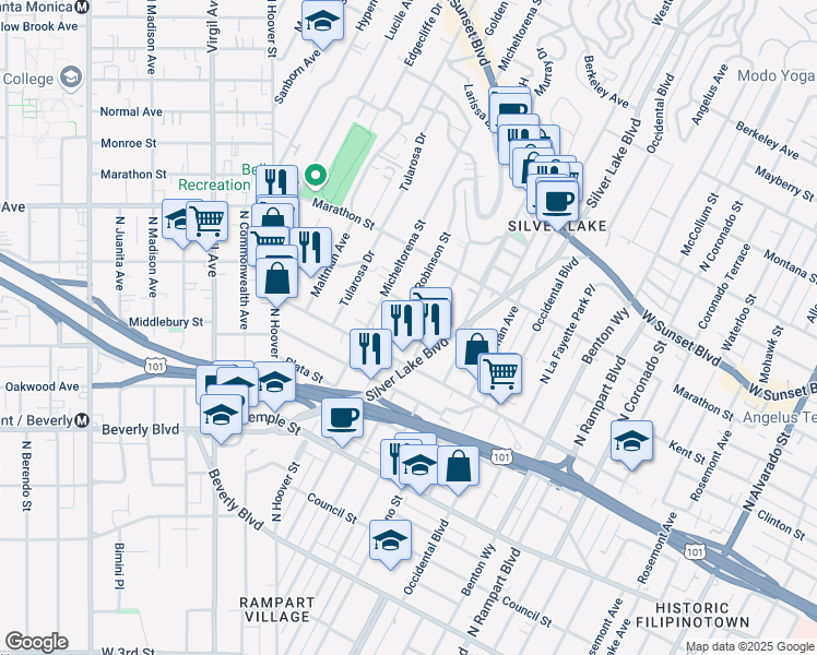 map of restaurants, bars, coffee shops, grocery stores, and more near 636 Robinson Street in Los Angeles