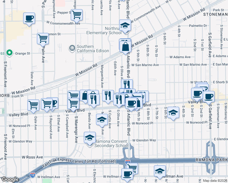 map of restaurants, bars, coffee shops, grocery stores, and more near 1201 West Shorb Street in Alhambra