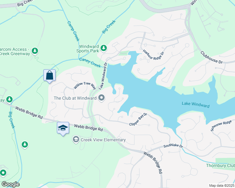 map of restaurants, bars, coffee shops, grocery stores, and more near 6360 Spinnaker Lane in Alpharetta