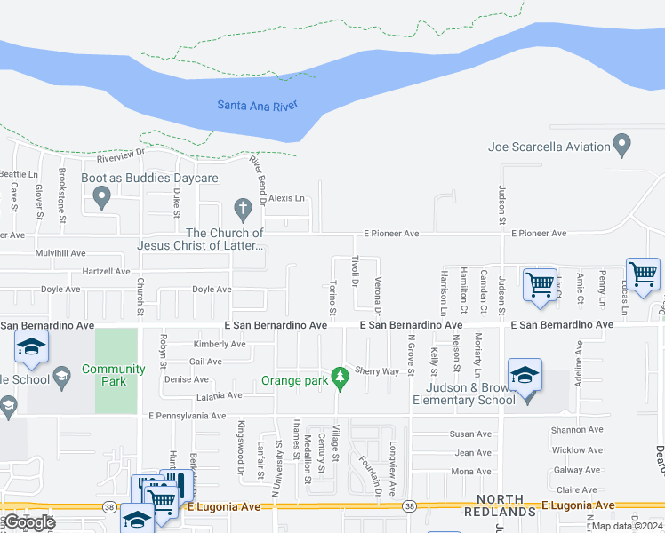map of restaurants, bars, coffee shops, grocery stores, and more near 1722 Torino Street in Redlands