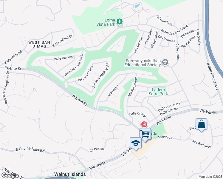 map of restaurants, bars, coffee shops, grocery stores, and more near 1697 Vía Alegre in San Dimas