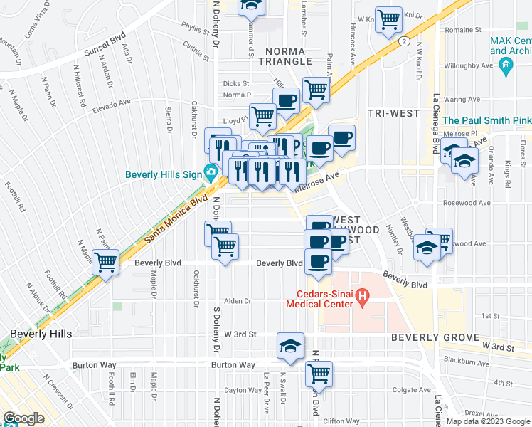 map of restaurants, bars, coffee shops, grocery stores, and more near 8917 Dorrington Avenue in West Hollywood