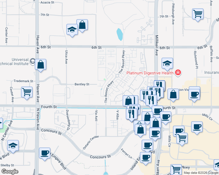map of restaurants, bars, coffee shops, grocery stores, and more near 11009 Summertree Drive in Rancho Cucamonga