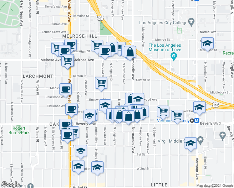 map of restaurants, bars, coffee shops, grocery stores, and more near 4504 West Maplewood Avenue in Los Angeles