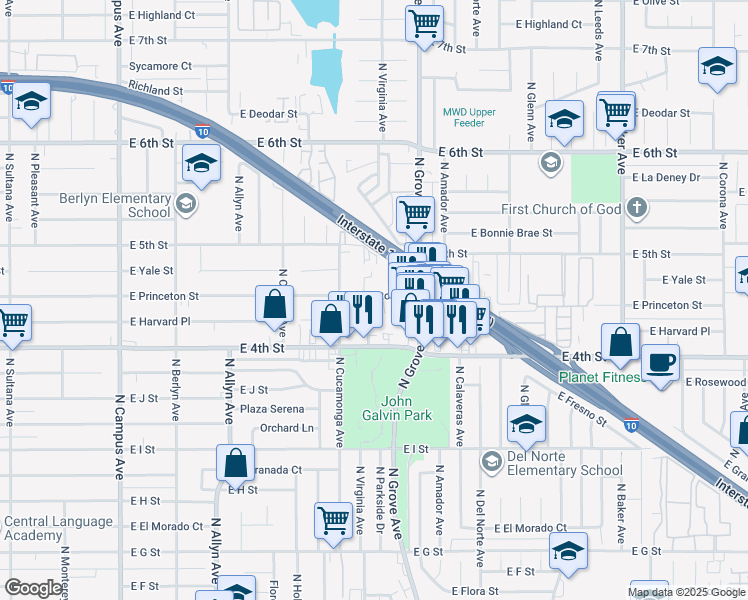 map of restaurants, bars, coffee shops, grocery stores, and more near 1156 North Virginia Avenue in Ontario